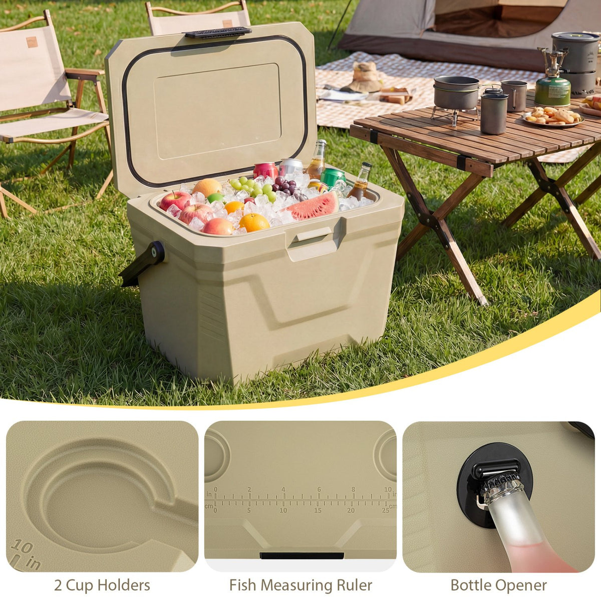 Insulated Portable Cooler Hard Shell Ice Chest with 2 Cup Holders-Sand Color view 9