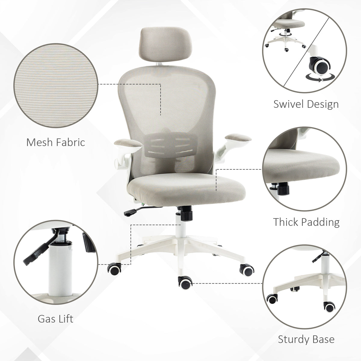 Office Chair, Mesh Computer Desk Chair with Adjustable Headrest, 4D Lumbar Support, Flip-up Arm, Grey – view 6