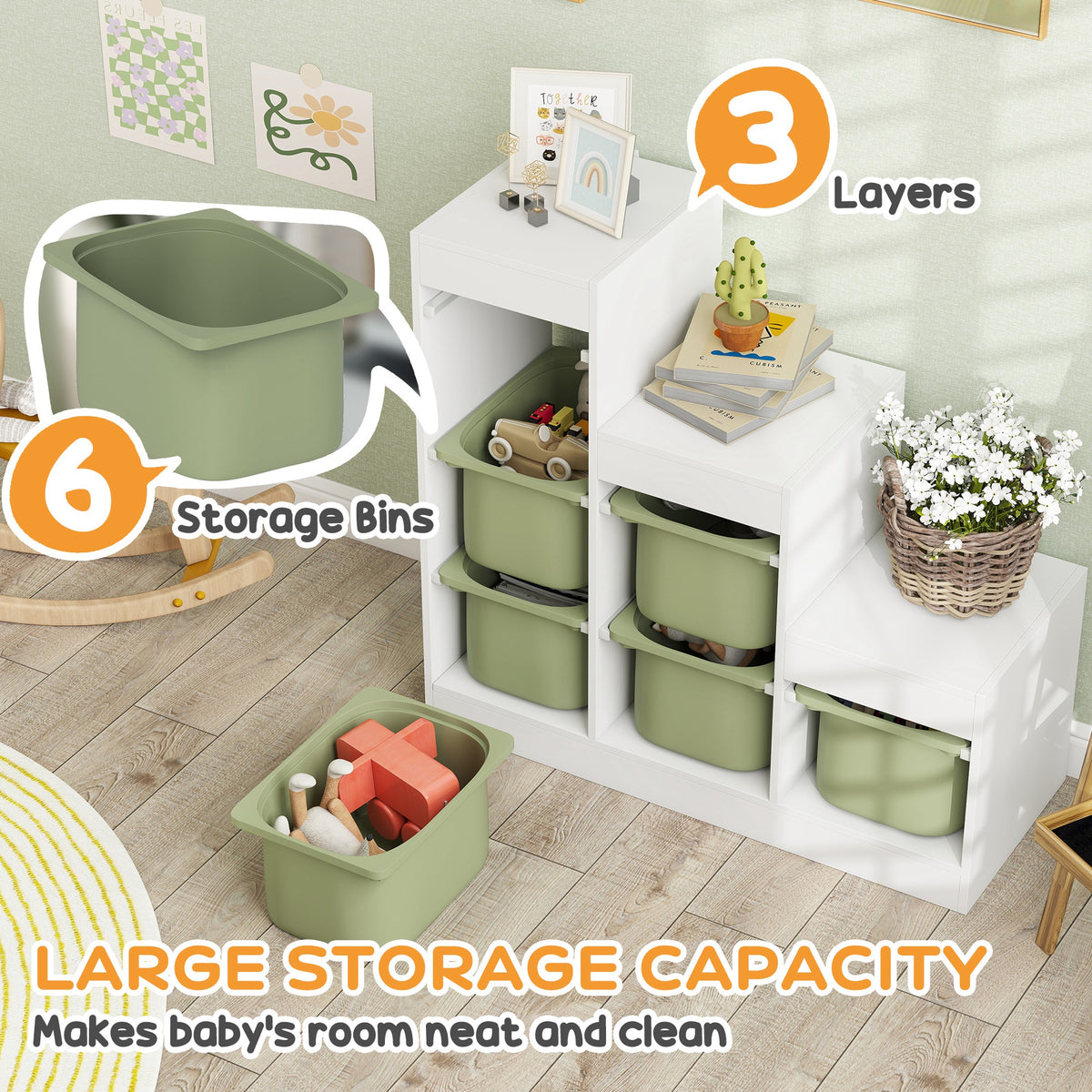 Qaba 3 Layers Toy Storage Organizer Kids Bookshelf Children Toy Storage w/ 6 Plastic Bins