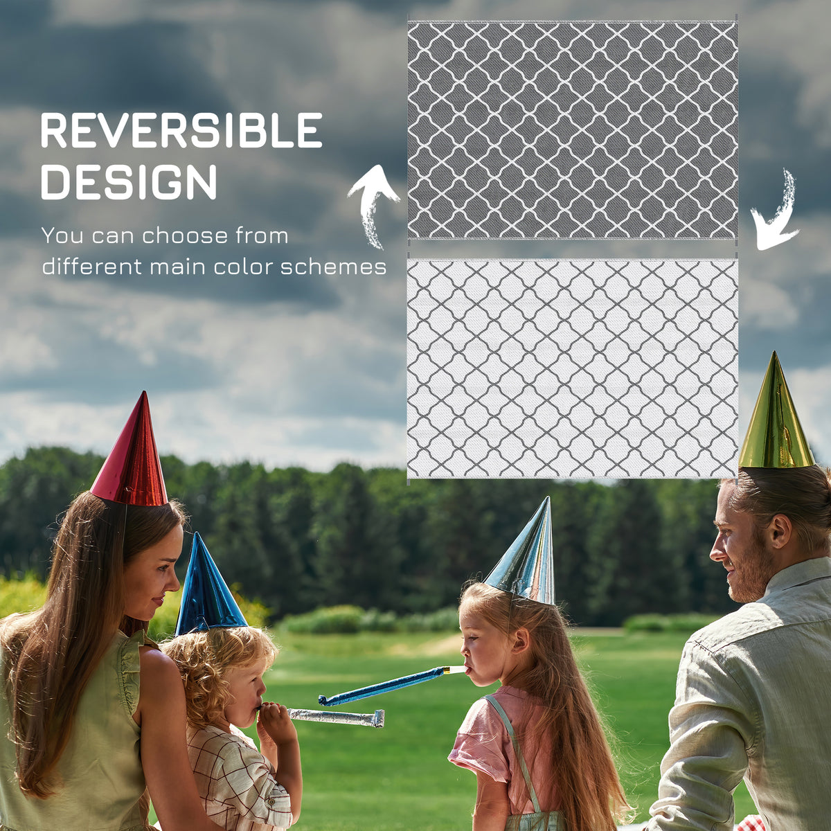 Waterproof  Outdoor Rug, 6' x 9' RV Rug Reversible Mat for Backyard, Deck, Picnic, Beach, Camping, Grey & White Net