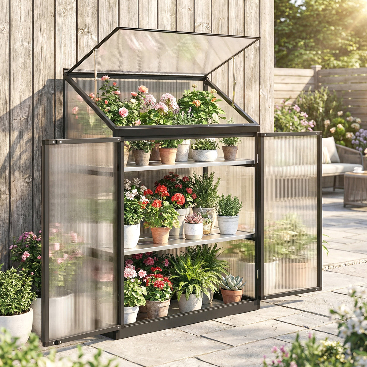 Polycarbonate Greenhouse with 2-Tier Shelves Gardening Green House for Patio Garden, Black