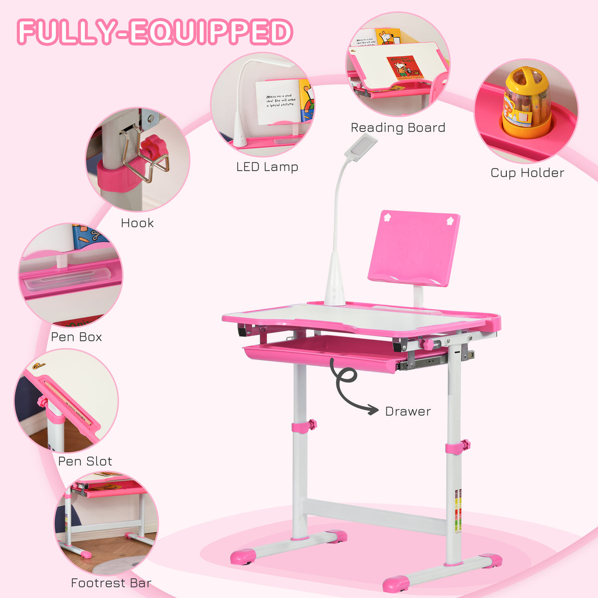 Qaba Kids Desk and Chair Set Height Adjustable Student Writing Desk Children School Study Table with Tilt Desktop