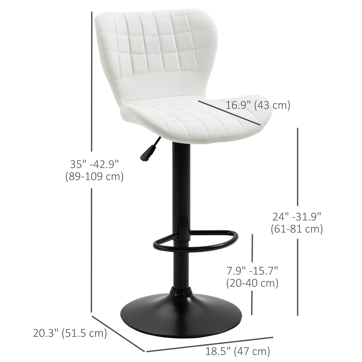 Bar Stools Set of 2 Adjustable Height Swivel Bar Chairs in PU Leather with Backrest & Footrest, White