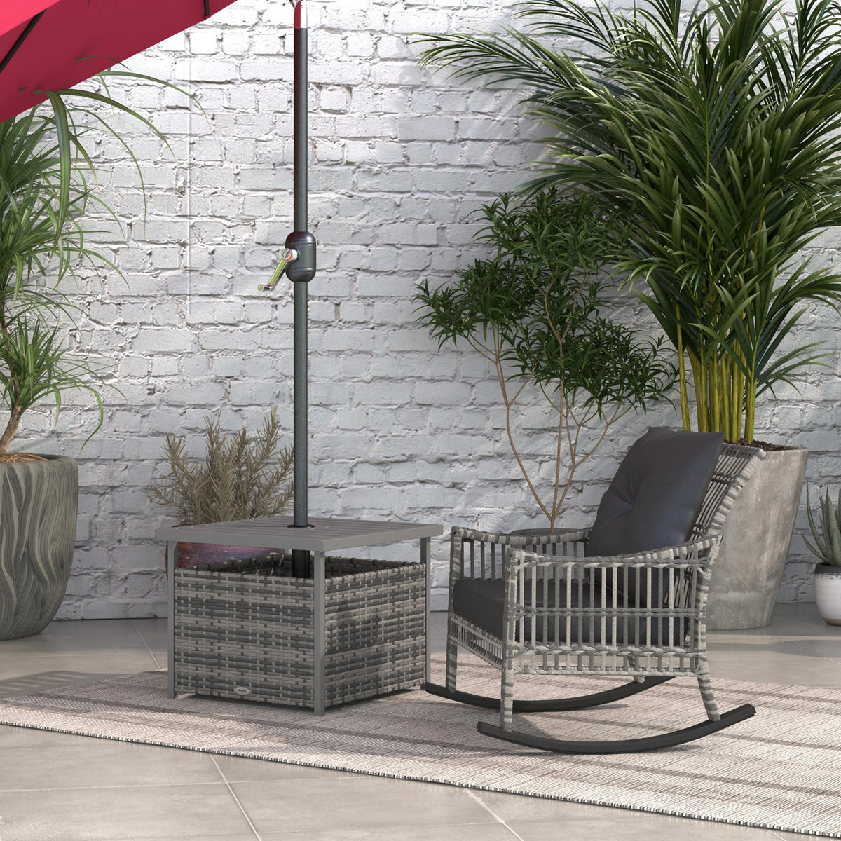 Rattan Coffee Wicker Patio Table w/ Umbrella Hole for Backyard Mixed-Grey