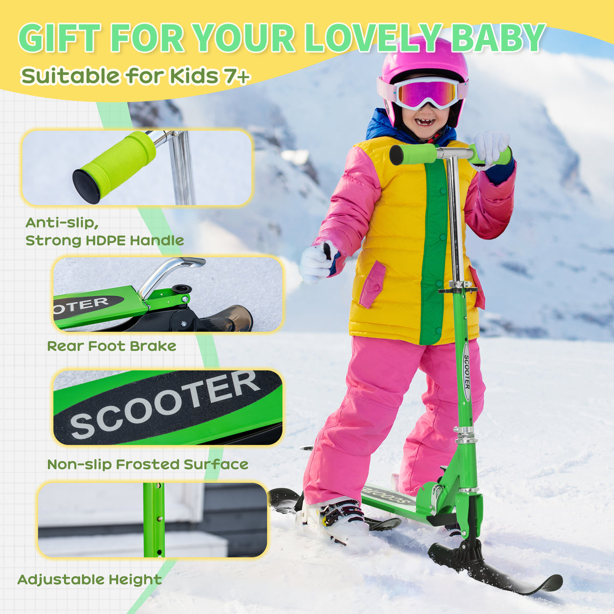 Qaba Snow Scooter, 2 in 1 Design Adjustable Height Scooter Snow Sled for Kids Aged Over 7 Years Old, Foldable Kids Sled Ski Scooter with Wheels Blades