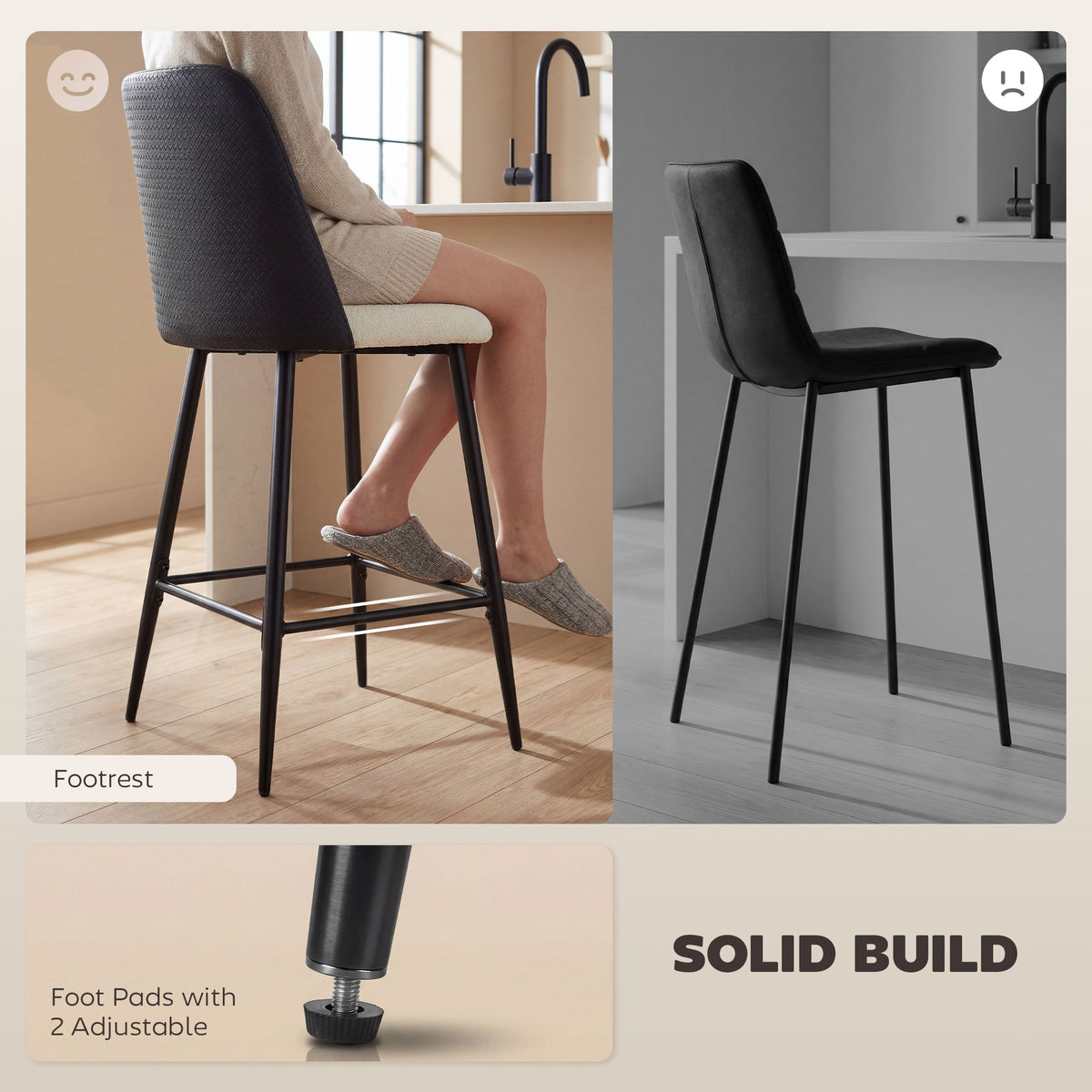 Bar Stools Set of 2, 26" Counter Height Bar Stools with PU Backrest, Linen-look Fabric Seat, Black