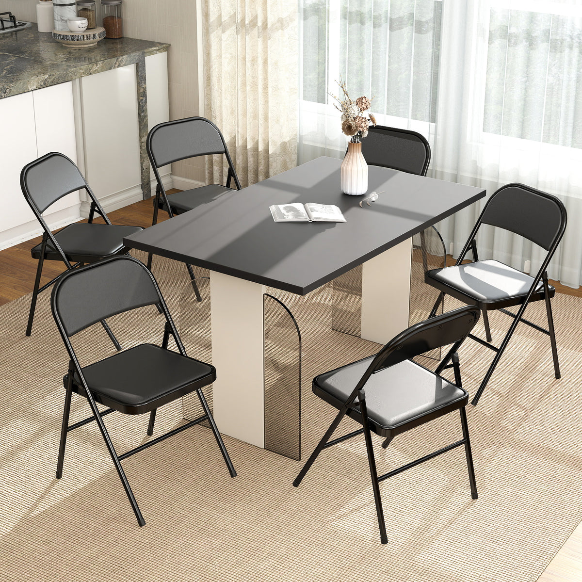 Set of 6 Metal Foldable Chairs, PU Leather Padded Folding Chairs with Cushion Seat and Open Back for Indoor, Black