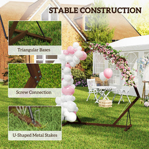 7FT Heptagon Wooden Wedding Arch with Triangular Base, Ground Stakes for Ceremony, Garden, Birthday, Brown
