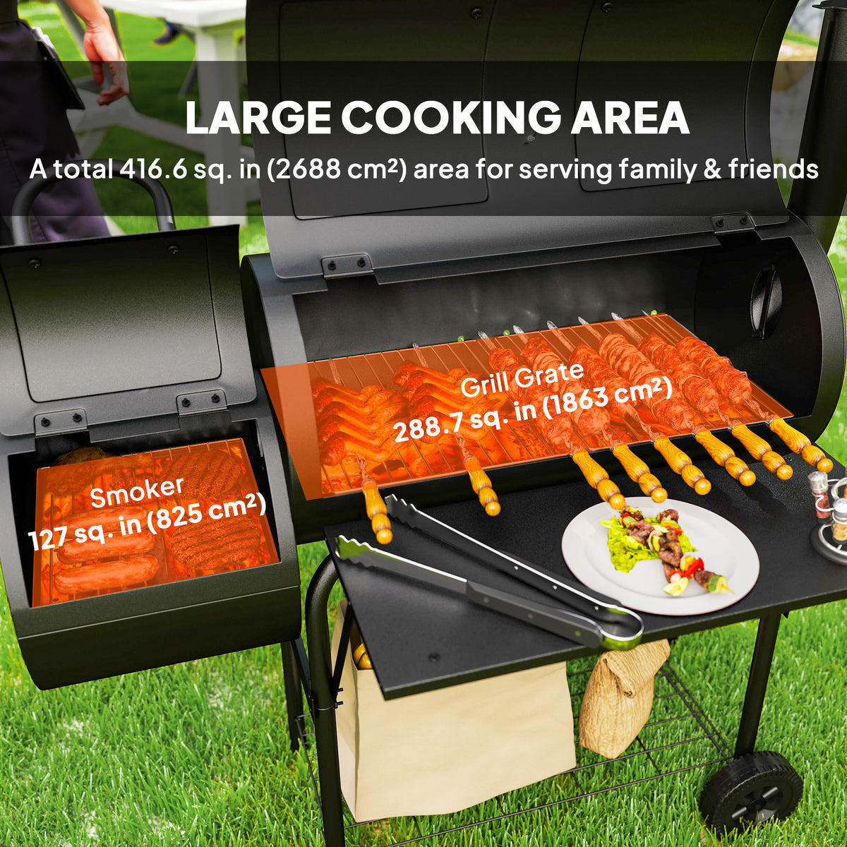 Portable Outdoor Charcoal BBQ Grill with Offset Smoker, Barbecue Grill with Spacious Cooking Area, 2 Shelves, Thermometer, Wheels for Patio Backyard Party, Black