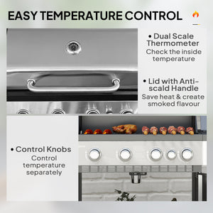 4+1 Burner Liquid Propane Gas Grill Outdoor Portable BBQ with Side Burner, Warming Rack, Side Shelf, Storage Cabinet, Thermometer, 4 Wheels, Tank Holder, Silver
