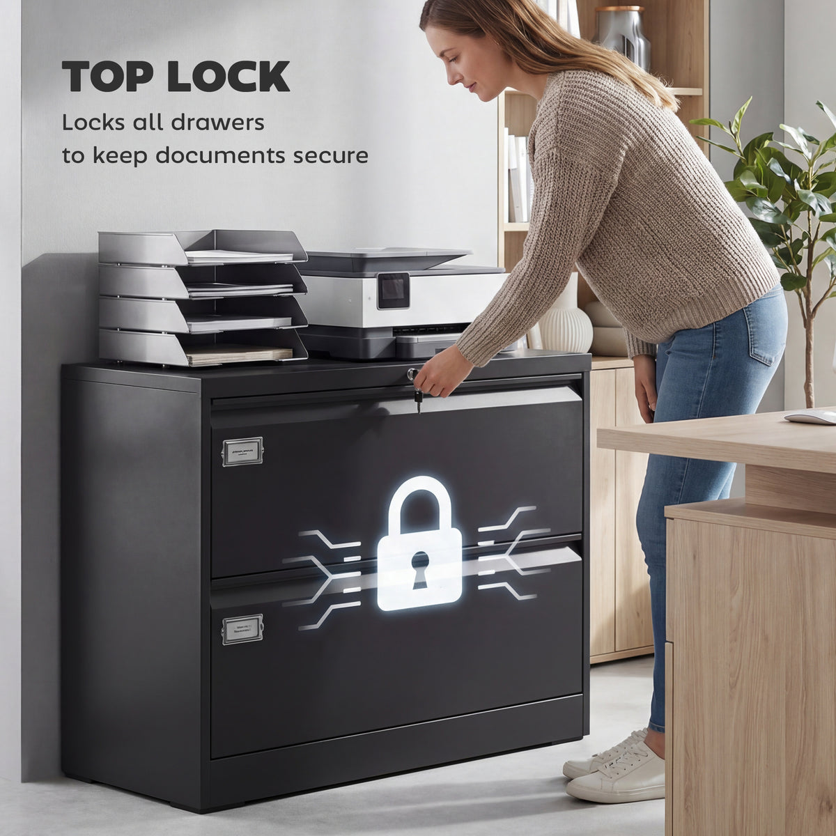 Lateral Filing Cabinet with 2 Drawers, Lockable Steel File Cabinet for A4/Letter/Legal Size Files, Black