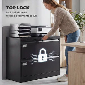 Lateral Filing Cabinet with 2 Drawers, Lockable Steel File Cabinet for A4/Letter/Legal Size Files, Black