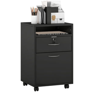 24" Small Filing Cabinet with Open Compartment, Drawer and Wheels, Home Office Storage Cabinet, Black