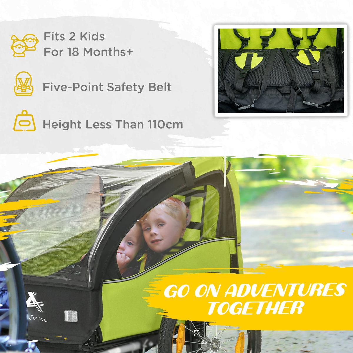 Aosom 2 Seat Bike Trailer for Kids, Baby Stroller with Storage Bag, 5 Point Harness, Bicycle Trailer with 20" Wheels