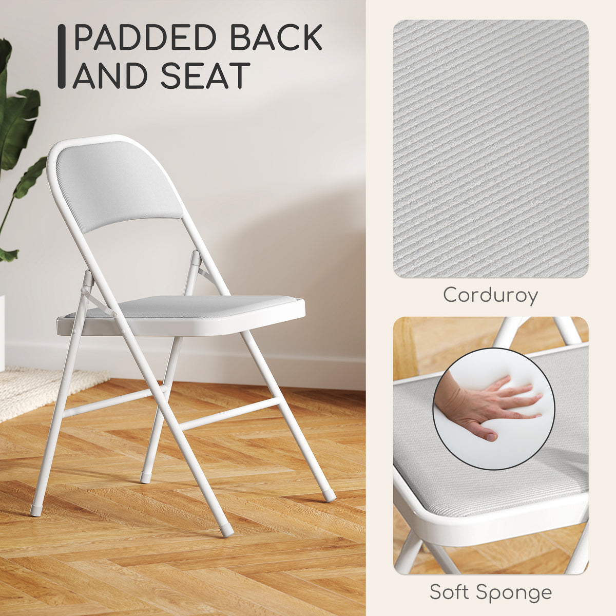 Set of 4 Metal Foldable Chairs, Corduroy Padded Folding Chairs with Cushion Seat and Open Back for Indoor, White
