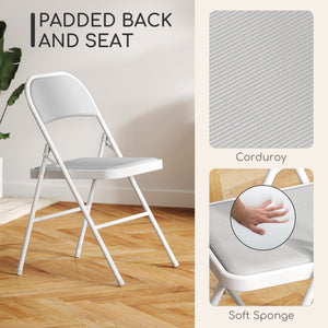 Set of 4 Metal Foldable Chairs, Corduroy Padded Folding Chairs with Cushion Seat and Open Back for Indoor, White