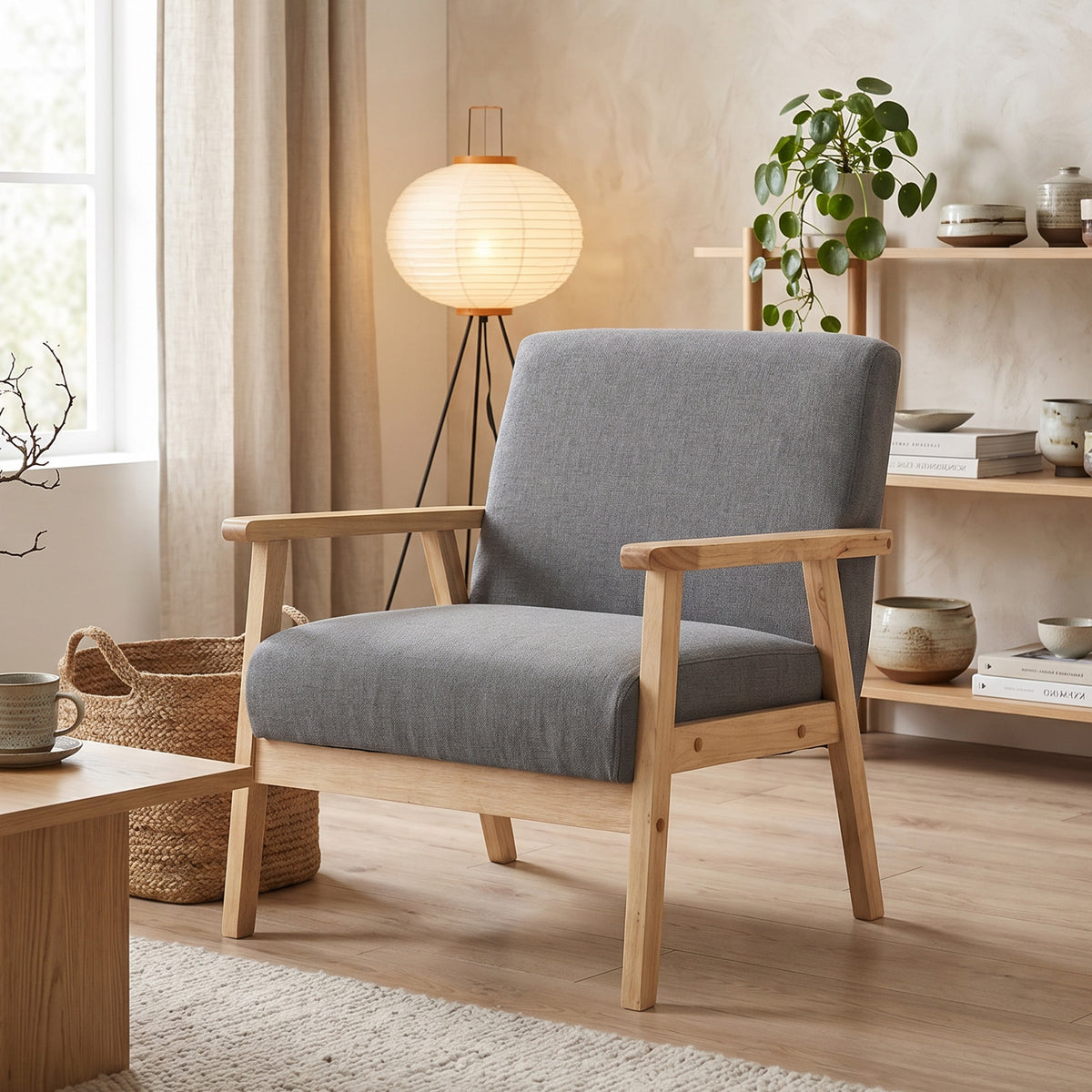 Minimalistic Accent Chairs Wood Frame w/ Thick Linen Cushions Wide Seat Armchair for Bedroom Office, Grey