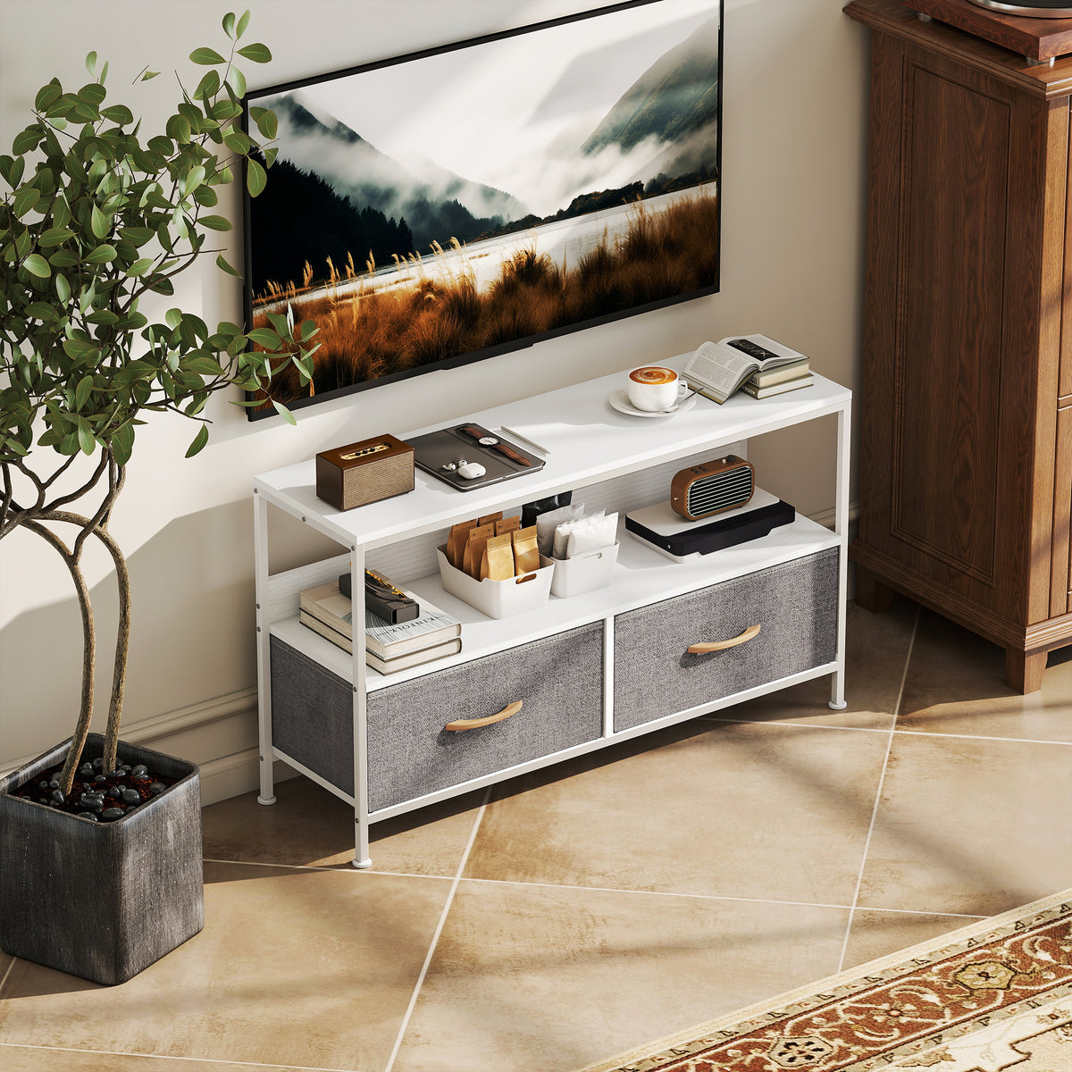 TV Stand with Charging Station, TV Table with 2 Foldable Linen Drawers and Open Shelf for 47 Inch – view 13