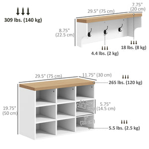 2-in-1 Hall Tree, 5-Hook Coat Rack Shoe Bench Set w/ Bench and Shoe Storage for Entryway, Hallway, White