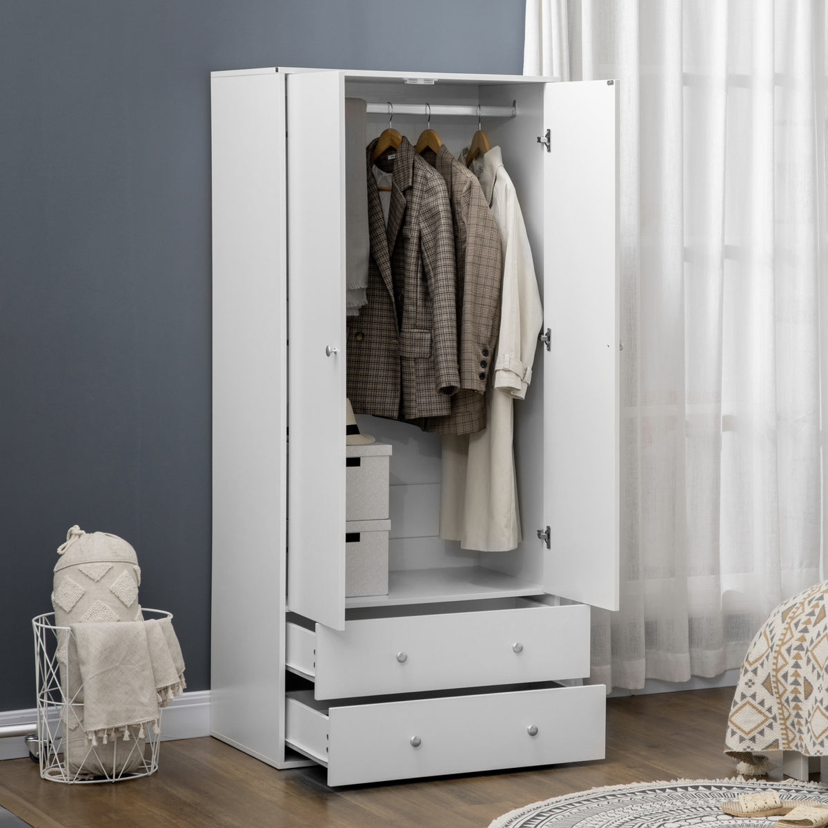 Modern Wardrobe Closet Armoire with 2 Drawers and Hanging Rod, Clothes Storage Organizer for Bedroom, Grey – view 14
