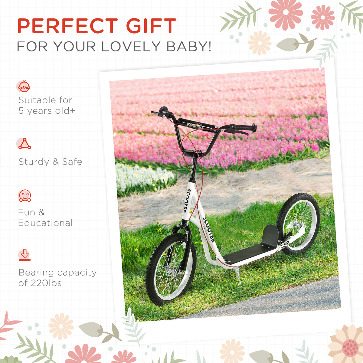 Aosom Kids Kick Scooter for 5+ Year Old, Kids Ride on Toy w/ 16'' Inflatable Wheel Dual Brakes