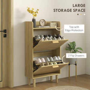 Slim Shoe Storage with 2 Flip Drawers and Adjustable Shelves, Rattan Shoe Cabinet Organizer for 12 Pair, Oak