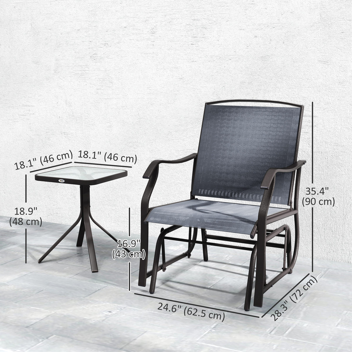 3 Piece Patio Glider Set Outdoor Gliders with Breathable Mesh Seat, Glass Top Table for Garden, Yard, Grey – view 2