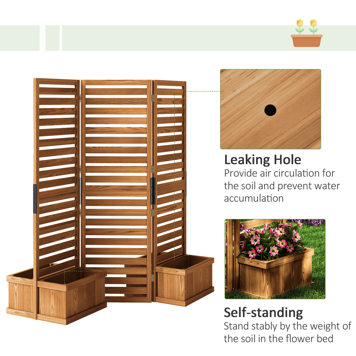 Outdoor Privacy Screen Wood Privacy Panel with 4 Planter Boxes, Raised Bed with 3 Panels, Drainage Holes – view 5