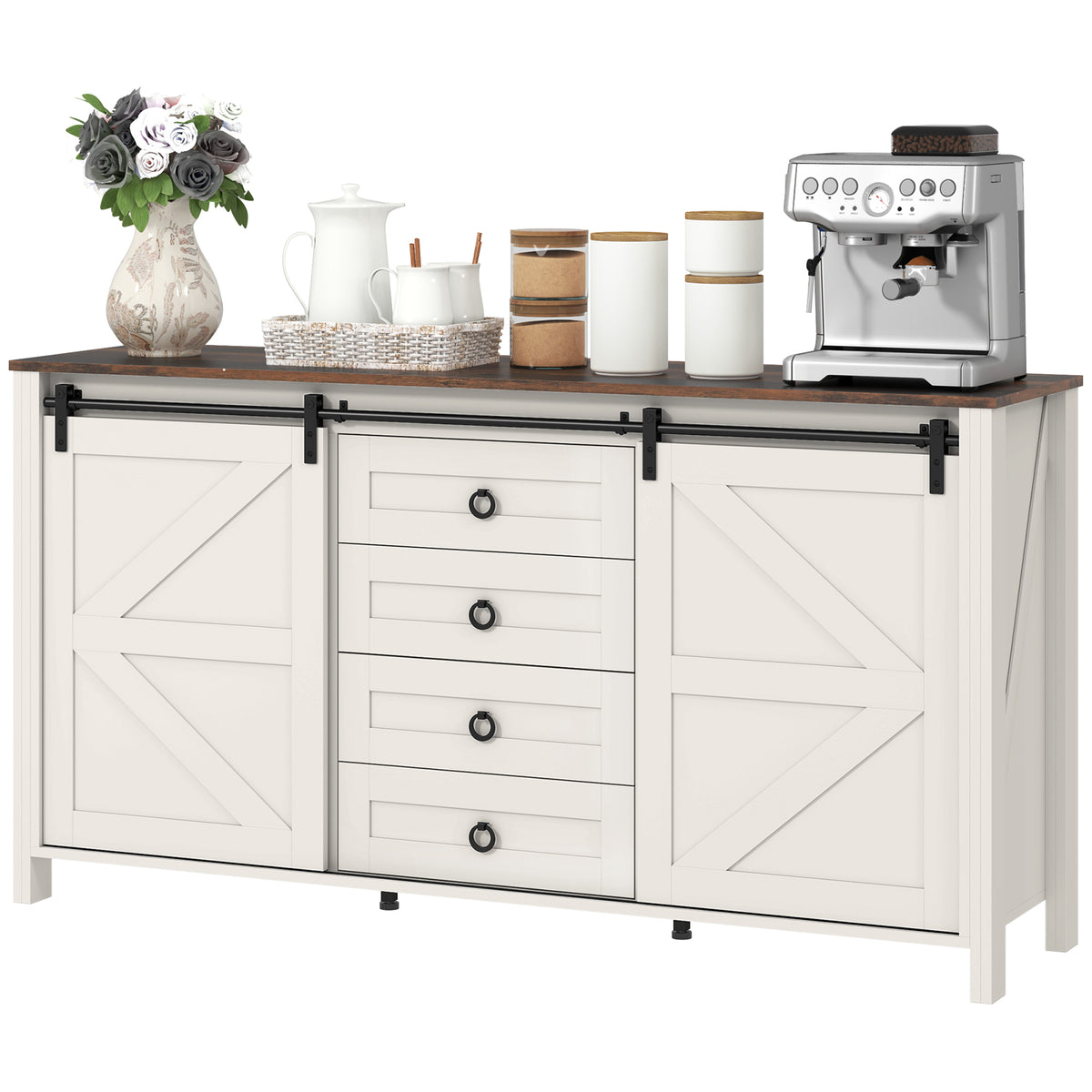 60" Buffet Cabinet, Farmhouse Sideboard with Sliding Barn Doors, Drawers and Adjustable Shelves, Cream White