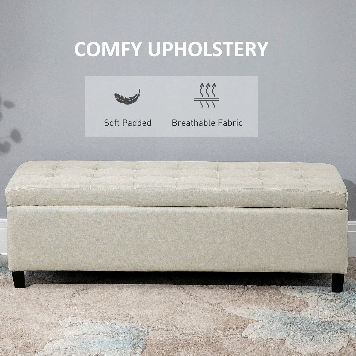 Rectangular Entry Bench, Tufted Upholstered Linen Fabric Wood Feet Storage Ottoman Bench, Beige – view 5