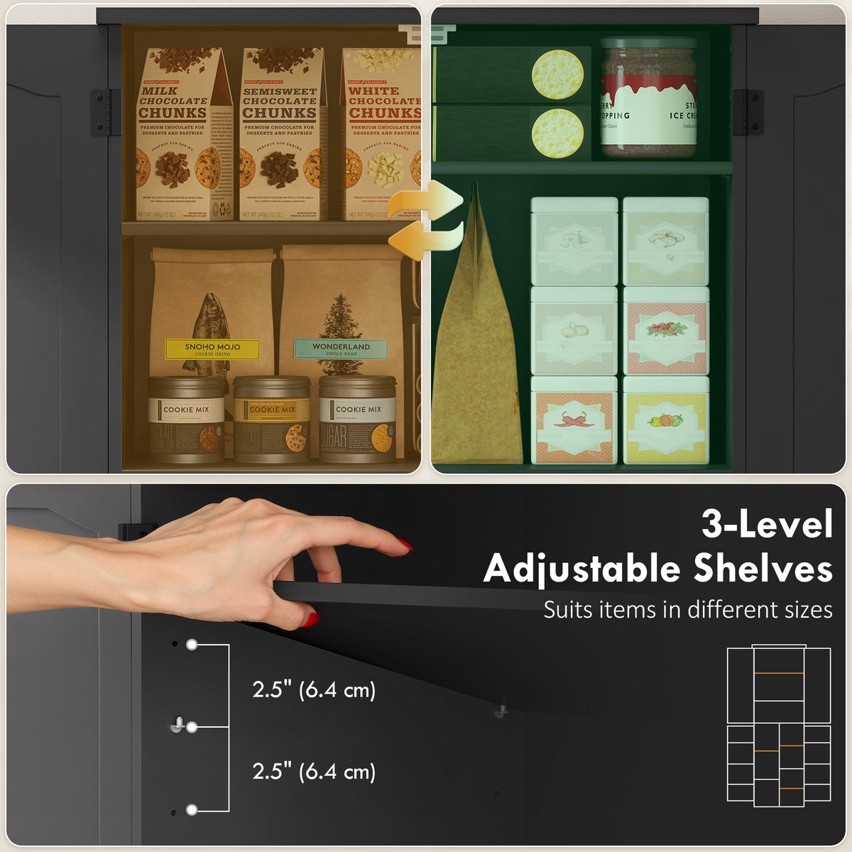 Tall Pantry Cabinet, 64" Storage Cabinet with Adjustable Shelves and 8 Door Spice Racks for Kitchen – view 4