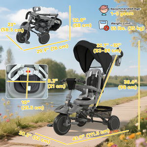 Qaba 6 in 1 Toddler Tricycle for 1-5 Years Old with Push Handle, Removable Canopy, Rotatable Seat