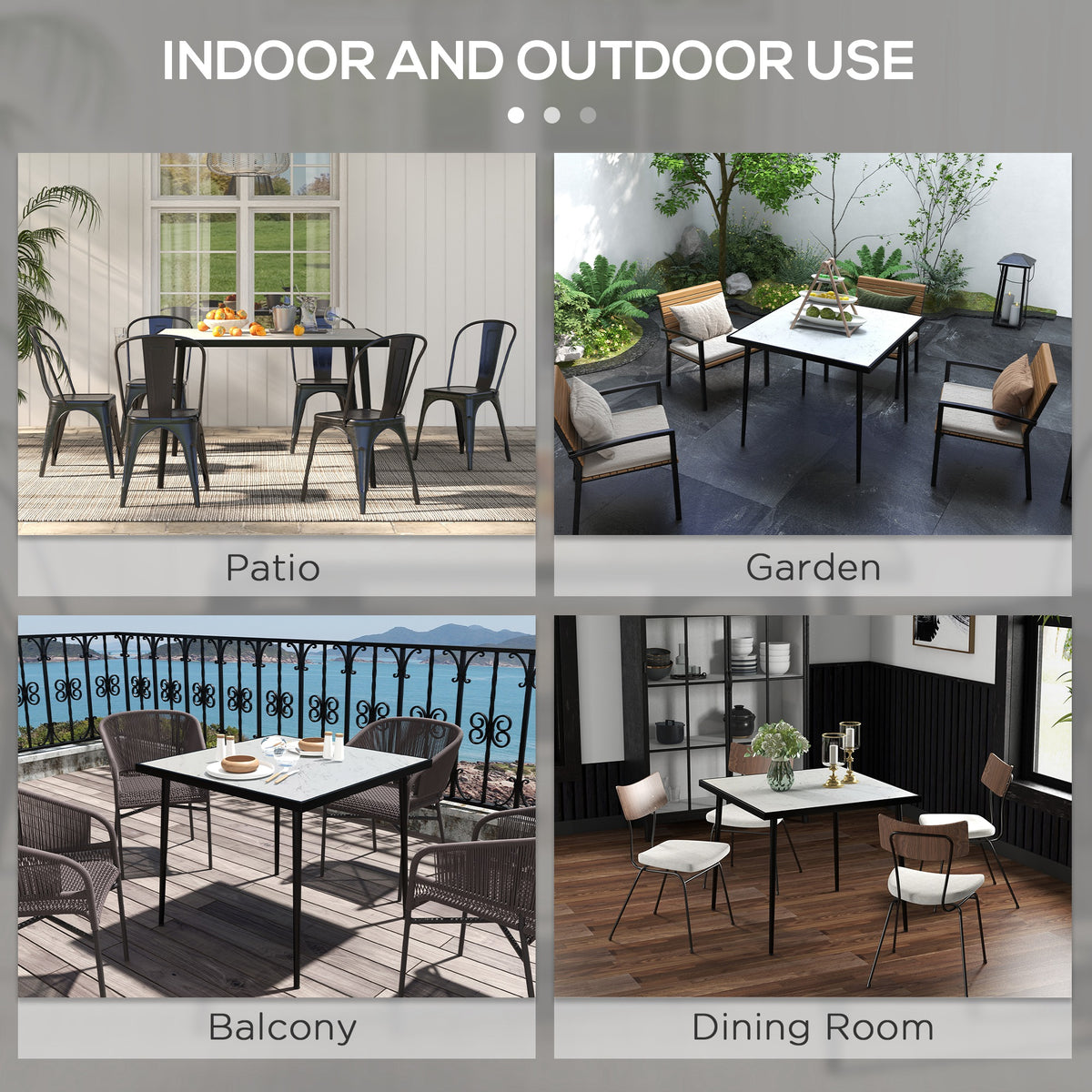 Outdoor Dining Table for 4, Square Patio Dining Table with Marble Effect Tempered Glass Top and Steel Frame, White