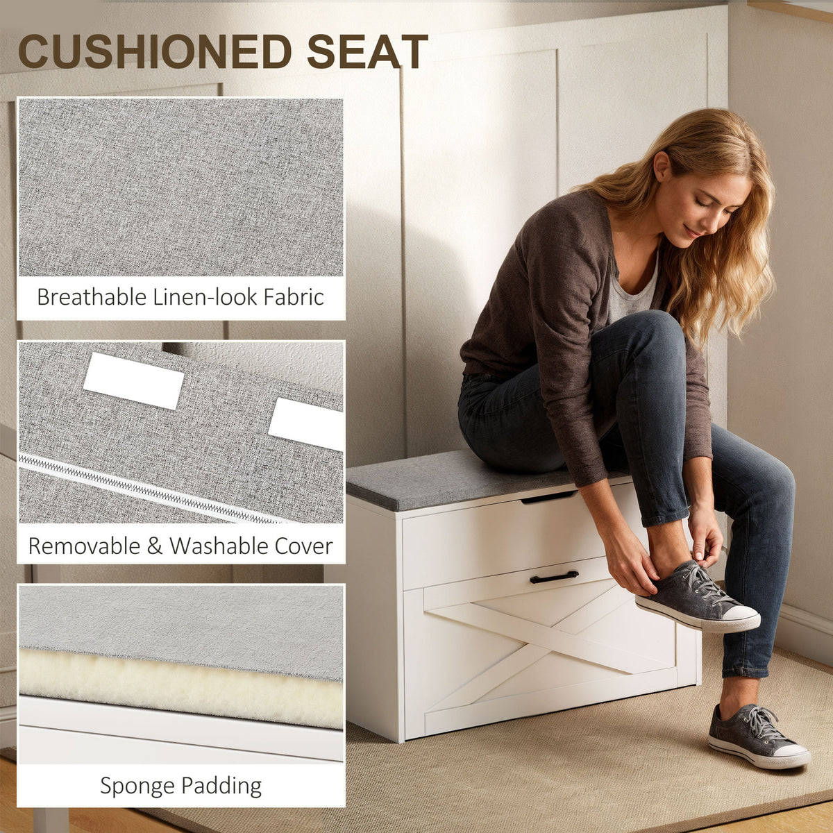Shoe Storage Bench with Flip Drawer and Lift Top Storage, Entryway Bench with Seat Cushion for Hallway – view 20