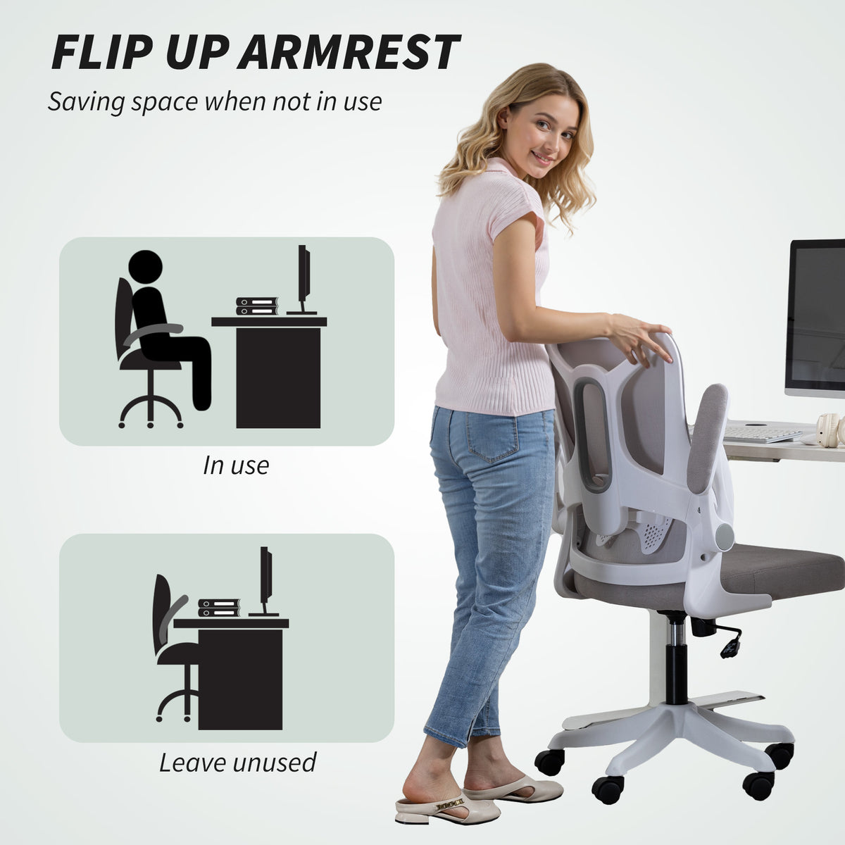 Ergonomic Office Chair, Swivel Desk Chair with Adjustable Lumbar Support and Height, Flip-up Armrests, Wheels, Grey