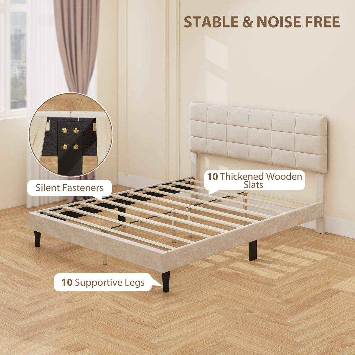 Queen Size Bed Frame with Upholstered Headboard, Modern Platform Bed Frame with Wood Slats, 1100 lbs Capacity, Cream