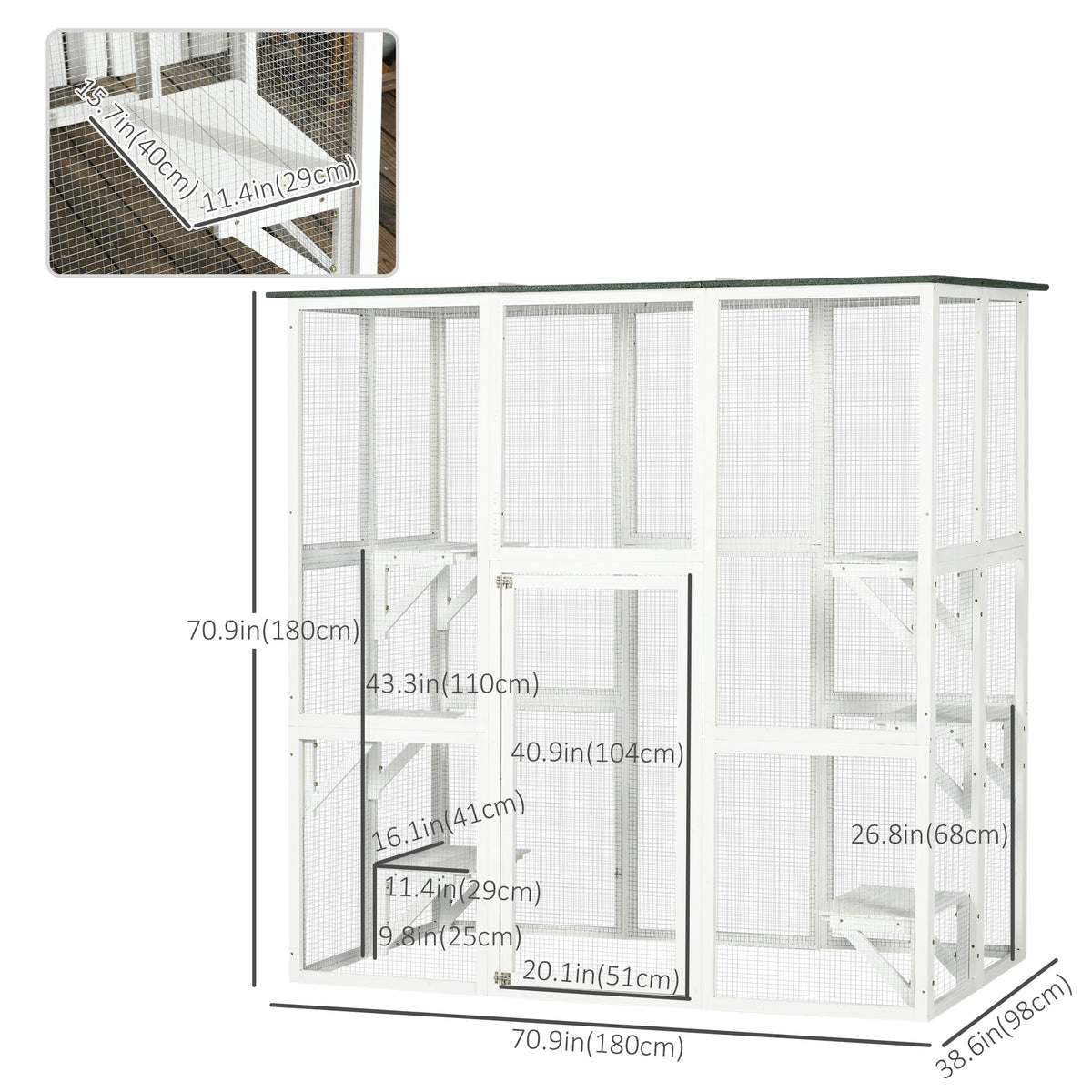 Large Outdoor Catio Enclosure, Weatherproof Cat House with Asphalt Roof,  Wooden Cat Patio Cage with 6 Balanced Platforms, 71" x 39" x 71", Grey
