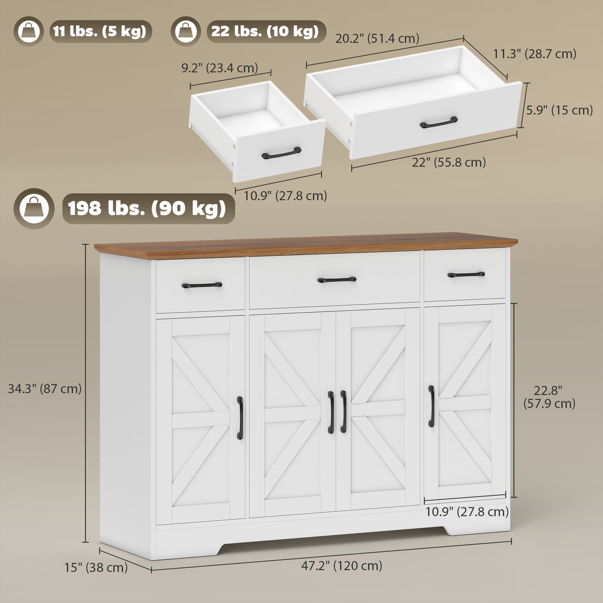 47" Buffet Cabinet with Soft-Close Hinges, Farmhouse Sideboard with 3 Drawers, Adjustable Shelves and Spice Racks, Black