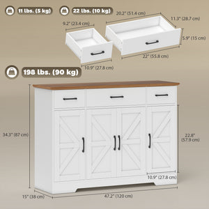 47" Buffet Cabinet with Soft-Close Hinges, Farmhouse Sideboard with 3 Drawers, Adjustable Shelves and Spice Racks, Black