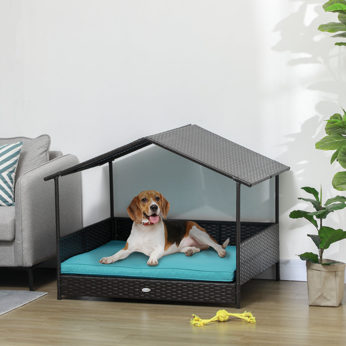 Rattan Dog House with Canopy, Wicker Dog Bed with Water-Resistant Cushion, for Small and Medium Breeds Blue – view 7