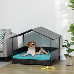 Rattan Dog House with Canopy, Wicker Dog Bed with Water-Resistant Cushion, for Small and Medium Breeds Blue – view 7