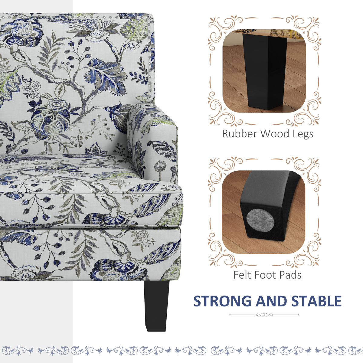 Upholstered Armchair, Mid-Century Accent Chair with Floral Pattern, Nailhead Trim for Living Room, Bedroom, Multicolour