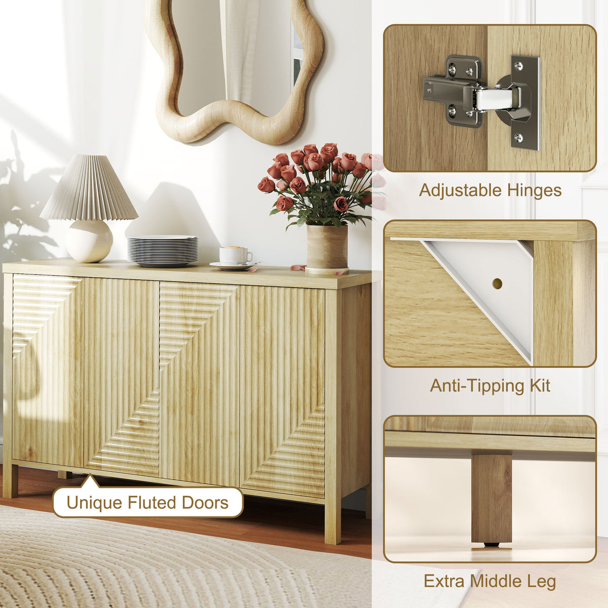 47" Buffet Cabinet with Storage, Fluted Sideboard with Push to Open Design, 2 Adjustable Shelves and 4 Doors, Natural