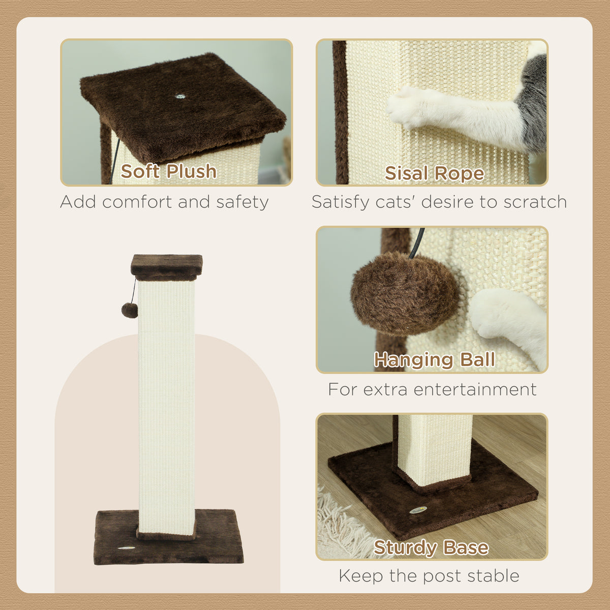 32" Tall Cat Scratching Post for Indoor Cats and Kittens, Sisal Cat Scratcher with Hanging Ball Soft Plush – view 11