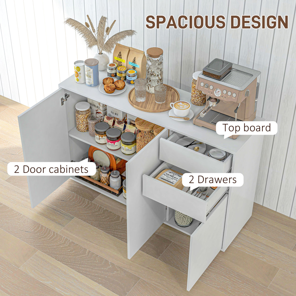 Kitchen Sideboard Storage Cabinet, Modern Coffee Bar with Push-Open Design and 2 Drawers for Living Room – view 7