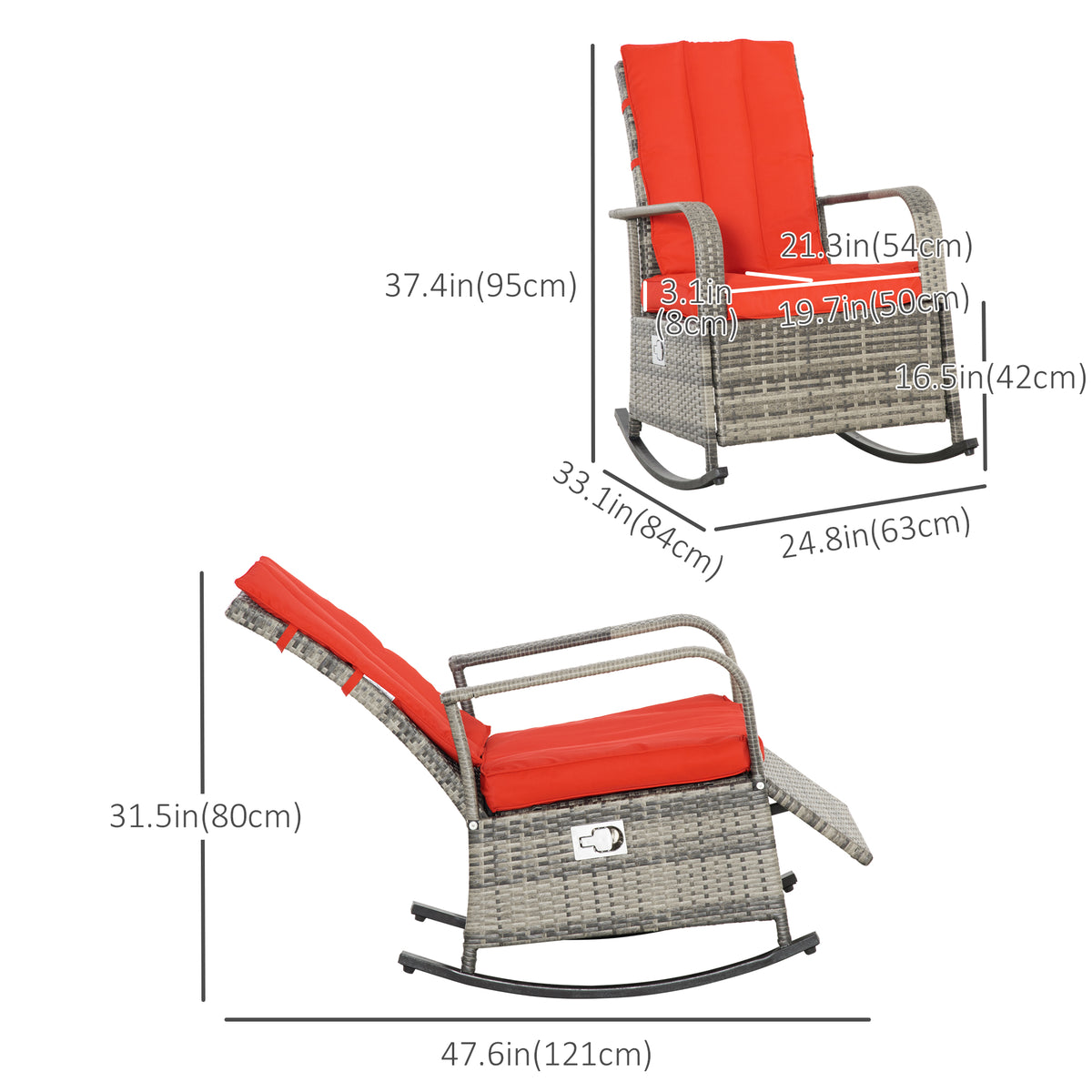 Outdoor Wicker Rocking Chair with Cushion, Patio PE Rattan Recliner Chair with Adjustable Footrest – view 16