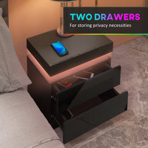 Nightstand, Bedside Table with LED Lights and 2 Drawers for Bedroom, Living Room, Black