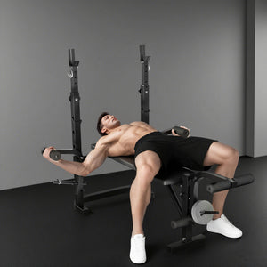 Soozier Adjustable Weight Bench with Bench Press Rack, Preacher Curl Bench, Leg Extension and Lat Pull Down