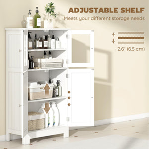 Bathroom Floor Storage Cabinet with Tempered Glass Doors and Adjustable Shelf, Kitchen Cupboard, Free Standing Organizer for Living Room Entryway, White