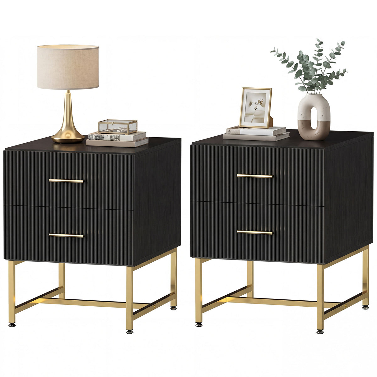 2 Pieces Nightstands with Storage, Modern Bedside Tables with 2 Fluted Drawers and Gold Legs for Bedroom